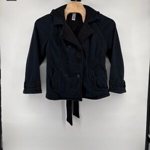 Details Intl Womens‎ Black Hooded Double Breasted Belted Jacket XL